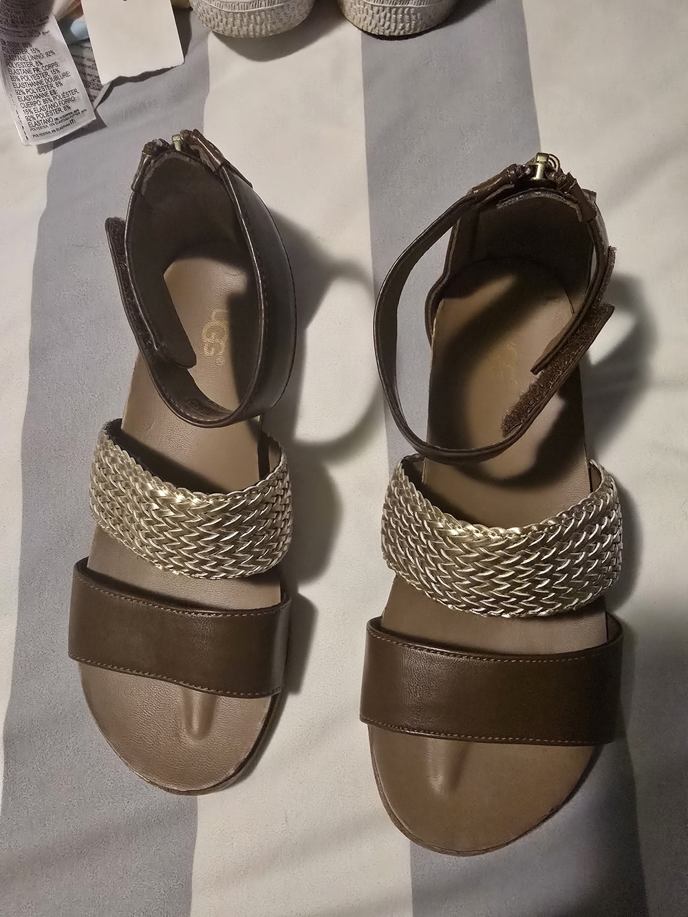 UGG Brown Leather Girls Sandals with Gold Braided Strap